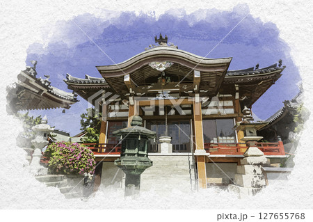 水彩画風 四国八十八箇所17番 井戸寺 光明殿 徳島県徳島市 水彩画風 四国八十八箇所17番 井戸寺 光明殿 徳島県徳島市 127655768