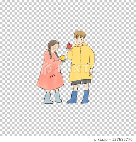 レインコートを着てフルーツを持っている子どもたち 127655776