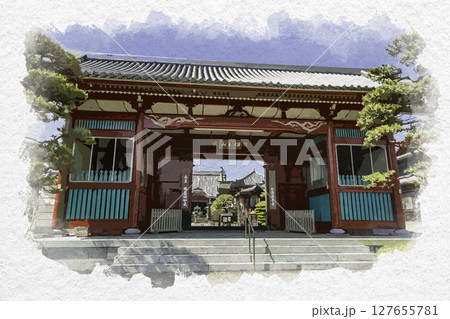 水彩画風　四国八十八箇所17番　井戸寺　仁王門　徳島県徳島市 127655781