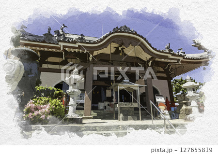 水彩画風 四国八十八箇所17番 井戸寺 本堂 徳島県徳島市 水彩画風 四国八十八箇所17番 井戸寺 本堂 徳島県徳島市 127655819