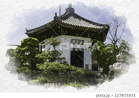 水彩画風 四国八十八箇所17番 井戸寺 六角堂 徳島県徳島市 水彩画風 四国八十八箇所17番 井戸寺 六角堂 徳島県徳島市 127655831