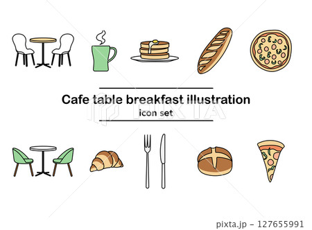カフェテーブルと朝食の手描き風アイコンセット｜パンケーキ,クロワッサン,ピザ,カフェ椅子,コーヒー 127655991