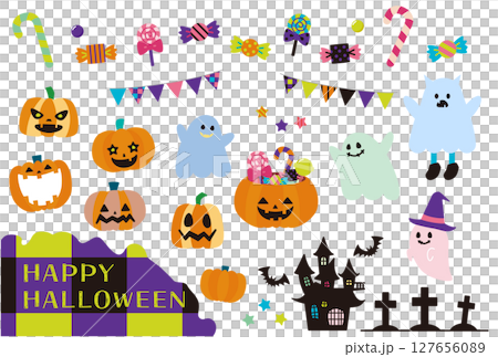 可愛的萬聖節插圖集：南瓜燈、鬼魂、糖果 127656089