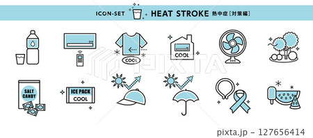 熱中症予防アイコンセット／夏の健康対策イラスト素材（Heatstroke Prevention 127656414