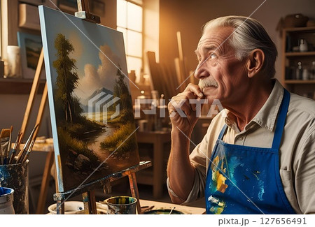 アトリエで風景画を描きながら悩んでいる白人のシニア男性 127656491