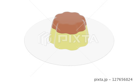 白い皿に乗ったカラメルソースのかかった黄色いプリンのイラスト、白背景 127656824