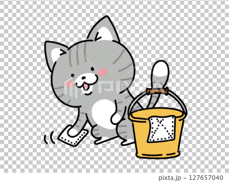 A cat cleaning the floor with a rag 127657040