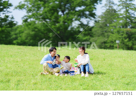 公園でピクニックする四人家族 公園でピクニックする四人家族 127657151
