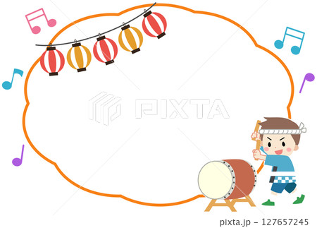 夏祭りで太鼓を叩く子供のフレーム素材イラスト 127657245