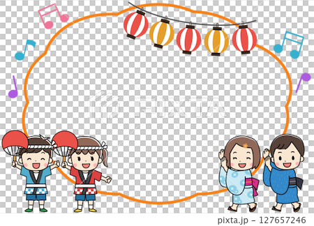 穿著浴衣和法被的孩子們享受夏日祭典的框架插圖 127657246