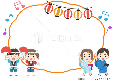 夏祭りを楽しむ浴衣と法被を着た子供たちのフレーム素材イラスト 127657247