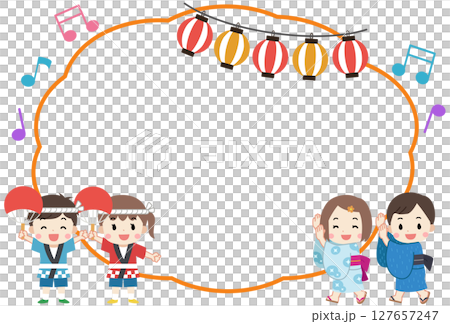 夏祭りを楽しむ浴衣と法被を着た子供たちのフレーム素材イラスト 127657247