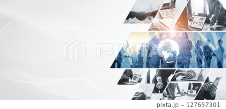 様々なビジネスシーンのコラージュ　バナー・広告向け横長ビジュアル 127657301