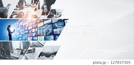 様々なビジネスシーンのコラージュ　バナー・広告向け横長ビジュアル 127657305