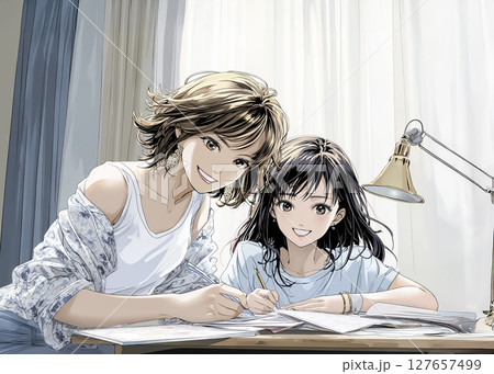 宿題をする小学生と見守る母親のイラスト素材 127657499