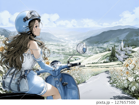 スクーターでヒマワリの花畑に来た若い女性のイラスト素材 127657500