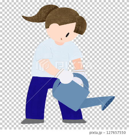 手繪彩色插圖，一位年輕女子戴著手套，用噴壺給植物澆水 127657550