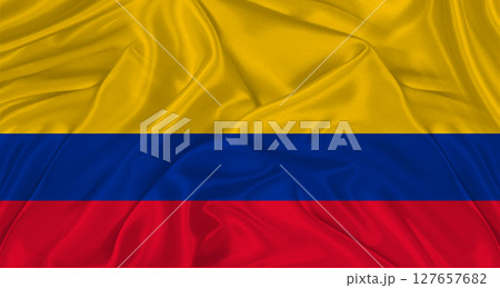 Flag of Colombia with cloth texture. Close up of Colombia flag waving 127657682