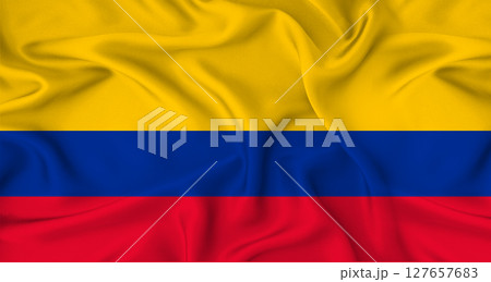 Realistic Colombia flag waving. Close up of flag of Colombia with cloth texture 127657683
