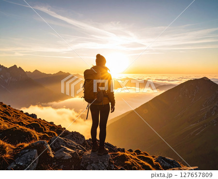 雲海に染まる夜明けのピークハイク ― バックパッカーが味わう絶景と達成感 雲海に染まる夜明けのピークハイク ― バックパッカーが味わう絶景と達成感 127657809