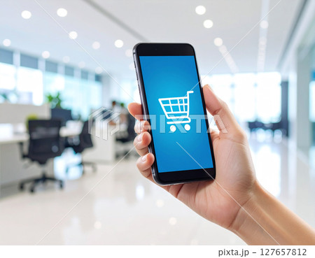 スマホで完結！ブルー基調のネットショッピング＆キャッシュレス決済 ― オフィスDXを象徴するハイテク 127657812