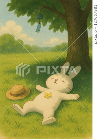 緑の絨毯で寝転ぶうさぎ 木陰で休憩　Generative AI 127657981