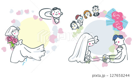 丸くつながる幸せの日　ハッピーウェディング　セットのストックイラスト素材集 127658244