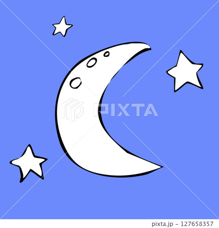 Hand-drawn illustration of the moon and stars in doodle style in black ink.  127658357