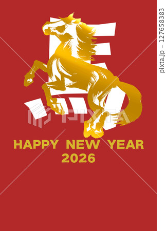 2026年午年の年賀状素材、金色の筆描きの馬のイラスト_縦 2026年午年の年賀状素材、金色の筆描きの馬のイラスト_縦 127658383