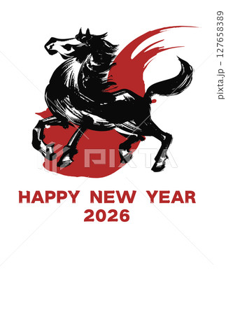 2026年午年の年賀状素材、墨筆の馬のイラスト_縦 2026年午年の年賀状素材、墨筆の馬のイラスト_縦 127658389