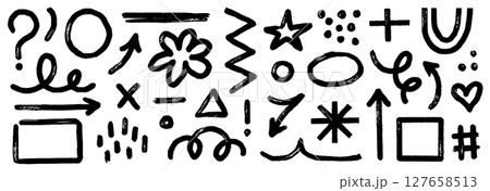 Arrow brush asterisk marker line shape set. Hand drawn brush stroke asterisk, arrow, squiggle shape with grunge texture. Abstract sketch paint elements for geometric background. Vector 127658513