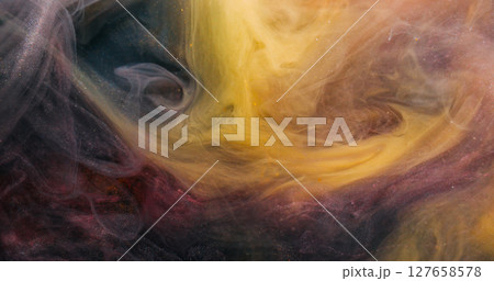Smoke splash. Steam flow. Black yellow golden pigment dissolve in water. Glitter abstract ink blend grunge color cloud blur background. Smoke splash. Steam flow. Black yellow golden pigment dissolve in water. Glitter abstract ink blend grunge color cloud blur background. 127658578