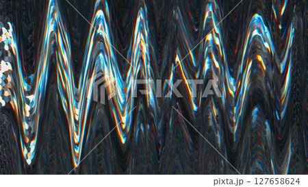 Damaged display. Digital distortion. Screen glitch wave artifact noise texture visual interference on abstract dark black background. Damaged display. Digital distortion. Screen glitch wave artifact noise texture visual interference on abstract dark black background. 127658624