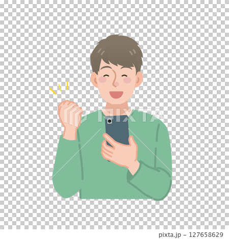 一名男子一邊握拳,一邊看著自己的智慧型手機螢幕 一名男子一邊握拳,一邊看著自己的智慧型手機螢幕 127658629