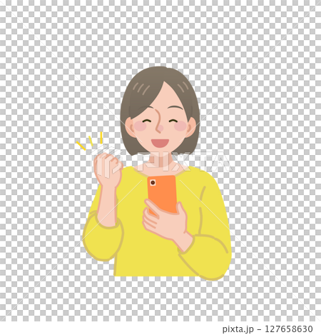 一位女士一邊握拳,一邊看著智慧型手機螢幕 一位女士一邊握拳,一邊看著智慧型手機螢幕 127658630