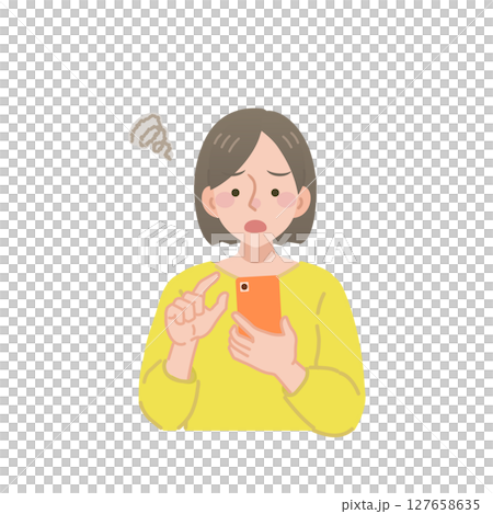 看著智能手機屏幕有麻煩的女人 看著智能手機屏幕有麻煩的女人 127658635