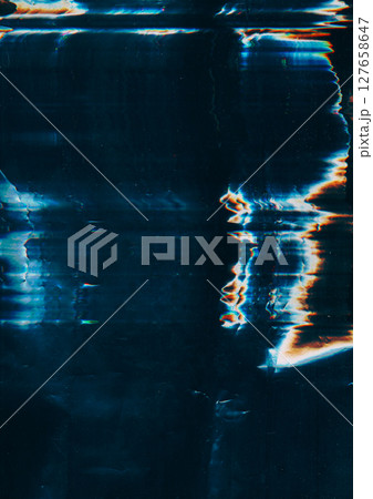 Damaged background. Glitch art. Blue orange black color noise artifacts old film curve wave lines pattern dark abstract texture. Damaged background. Glitch art. Blue orange black color noise artifacts old film curve wave lines pattern dark abstract texture. 127658647
