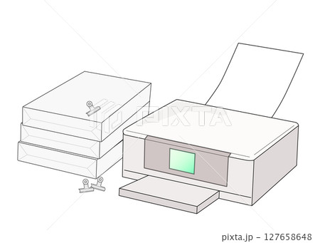 白いプリンタとA4サイズのプリンタ用紙のイラスト 白いプリンタとA4サイズのプリンタ用紙のイラスト 127658648
