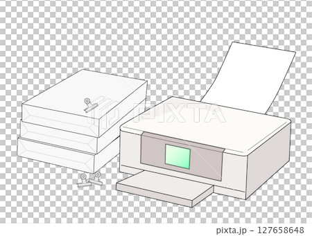 白いプリンタとA4サイズのプリンタ用紙のイラスト 白いプリンタとA4サイズのプリンタ用紙のイラスト 127658648