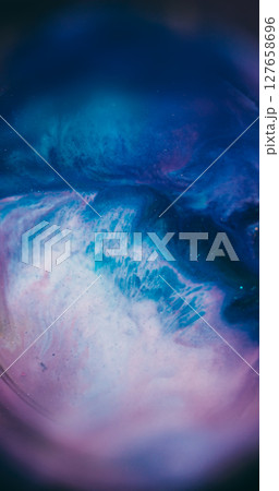 Shimmering mix. Defocused acrylic stream. Blue white color glitter emulsion flow on bokeh round frame. Enamel purple paint swirl abstract background. 127658696