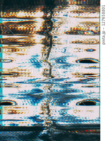 Damaged effect. Distortion noise. Blue orange white black color frequency error static curve lines artifacts texture art abstract background. 127658801