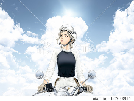 大型ザーバイクにのる女性のイラスト素材 127658914