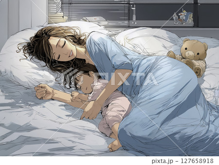 赤ちゃんと一緒に寝る母親のイラスト素材 127658918