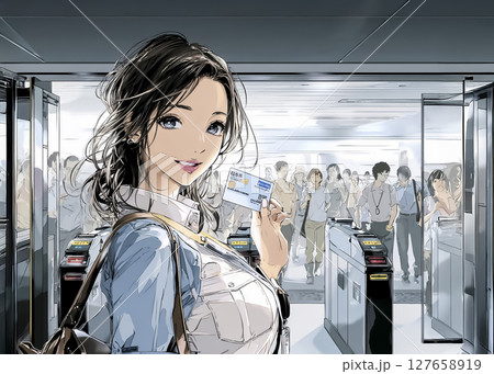 駅の自動改札をカードで通過する若い女性のイラスト素材 127658919