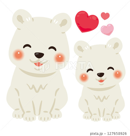 お座りした笑顔のシロクマの親子イラストのイラスト素材 [127658926