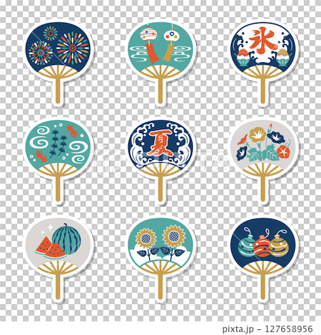 可愛的夏日扇子貼紙風格插畫素材 127658956