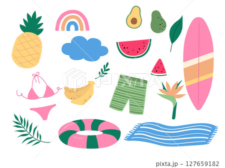Vector illustration of tropical fruits and swimming supplies. Vector illustration of tropical fruits and swimming supplies. 127659182