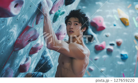 ボルダリングに挑戦する男性 127659220