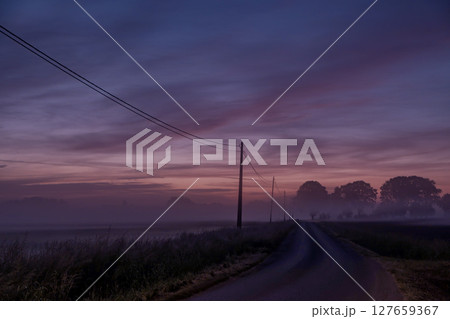 Serene Dawn A Misty Road Beauty at Sunrise, Perfect for Inspiring Adventurous Souls 127659367
