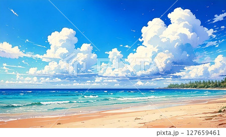 広々とした真夏の大空 砂浜と海 アニメタッチ 水彩手描き風 背景素材 AI生成素材 127659461
